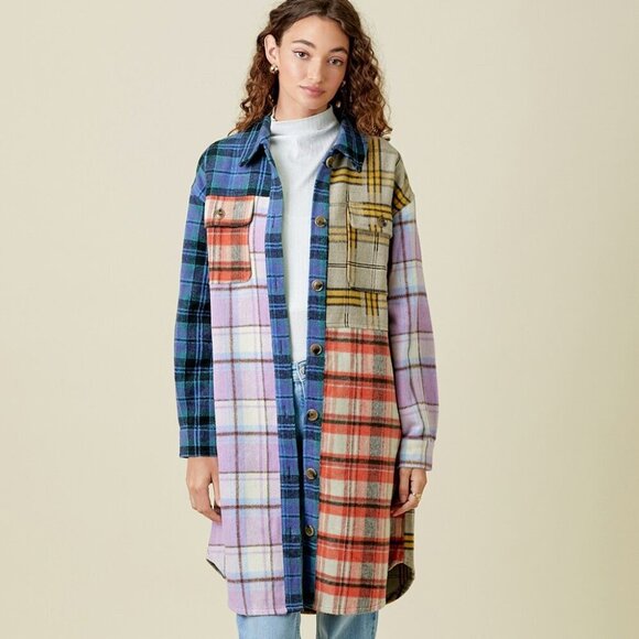 Mystree Jackets & Blazers - MYSTREE MIXED PLAID COLOR BLOCK LONG JACKET